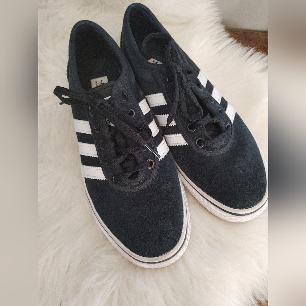 Adidas Black w/White Stripes Suede Sneakers ~ Size 6